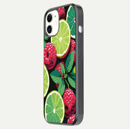 Lime and Raspberry Pattern Glass Case for iPhone 12 Mini side-angle view revealing colorful fruit artwork details
