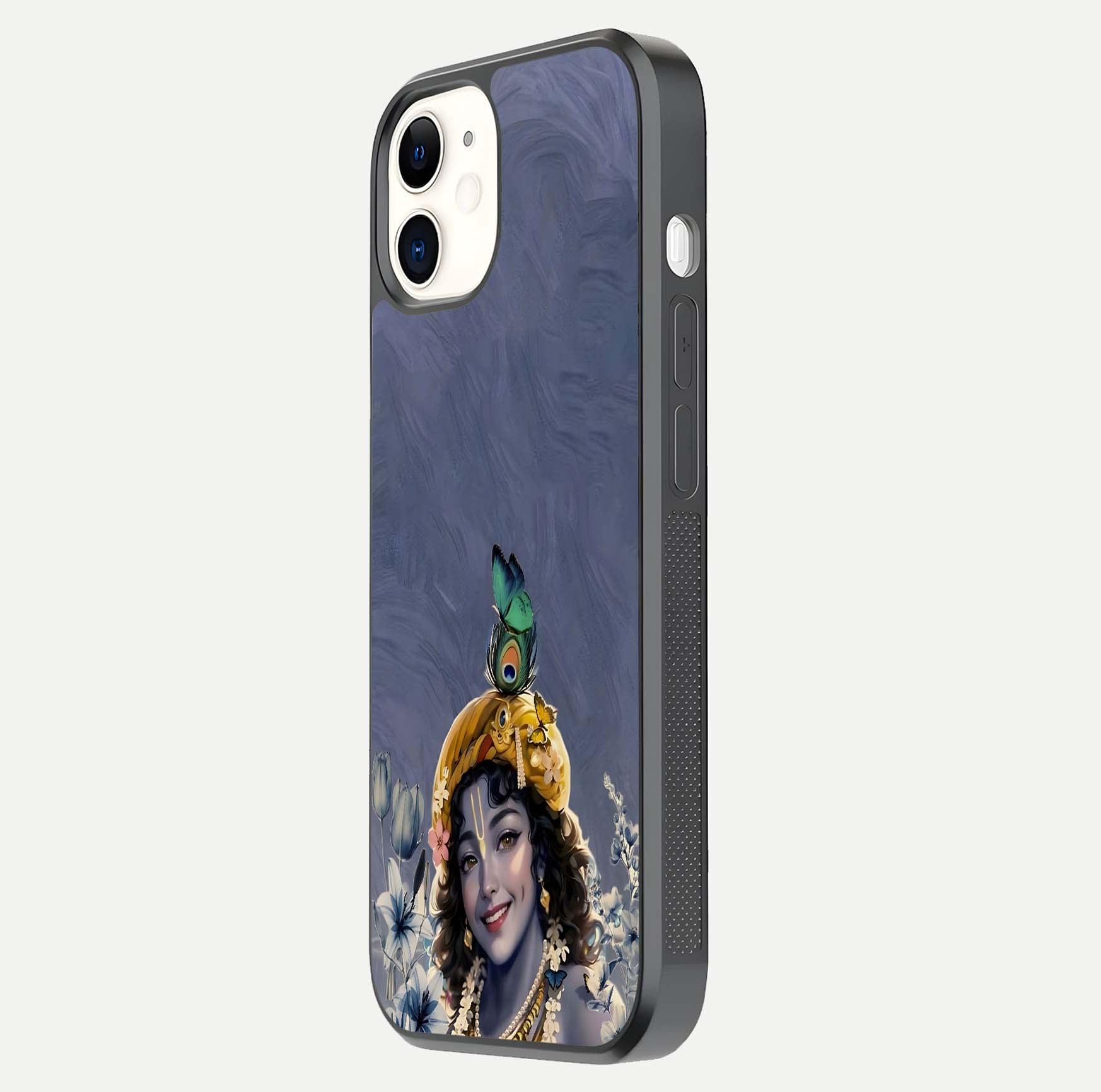 Lord Krishna Glass Case for iPhone 12 Mini side-angle image emphasizing premium reflection and sacred motif