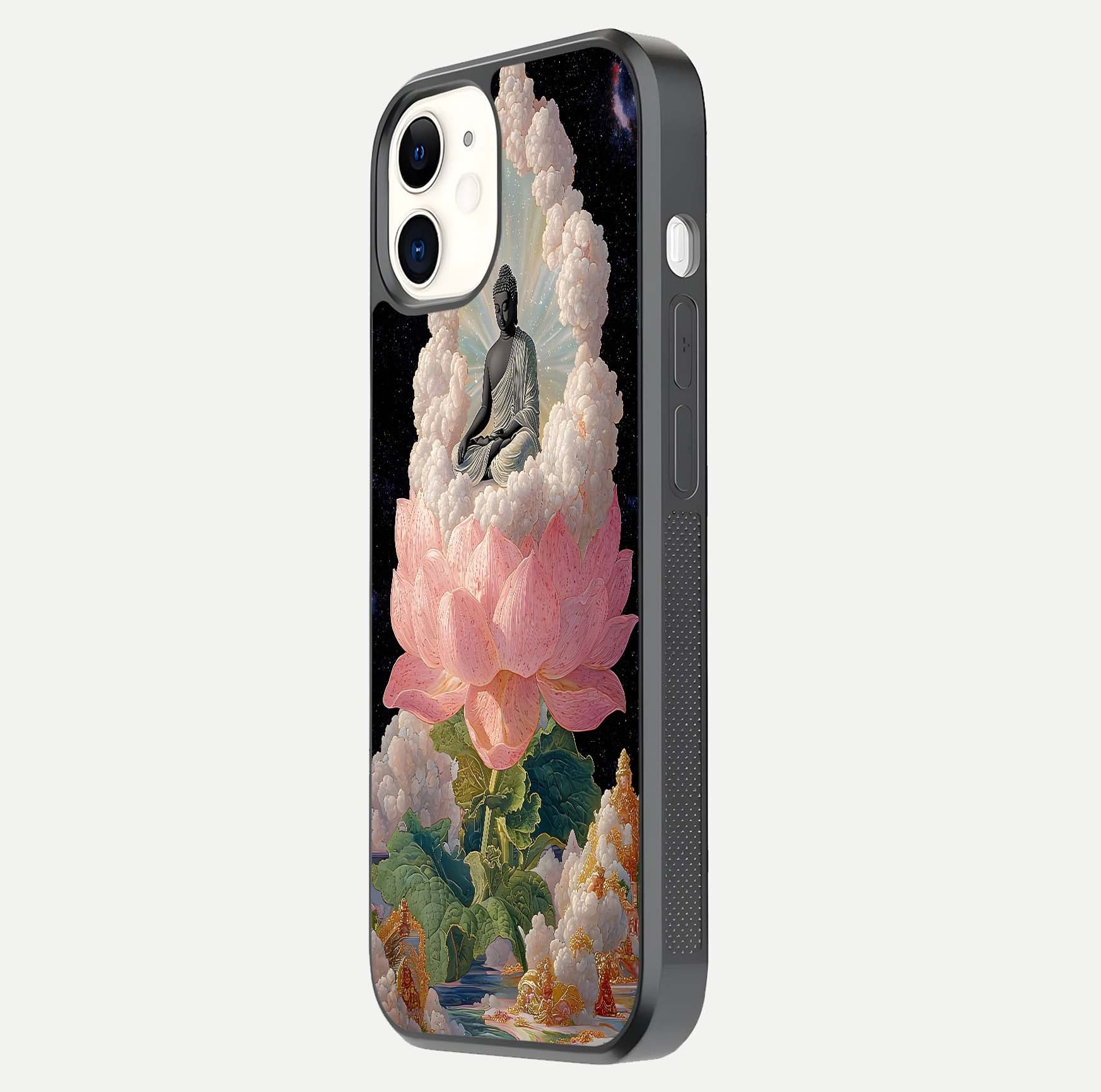 Lotus Divine Peace Glass Case for iPhone 12 Mini side-angle shot showing elegant shine and floral symmetry