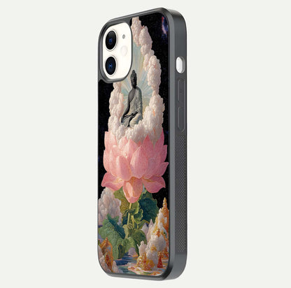 Lotus Divine Peace Glass Case for iPhone 12 Mini side-angle shot showing elegant shine and floral symmetry