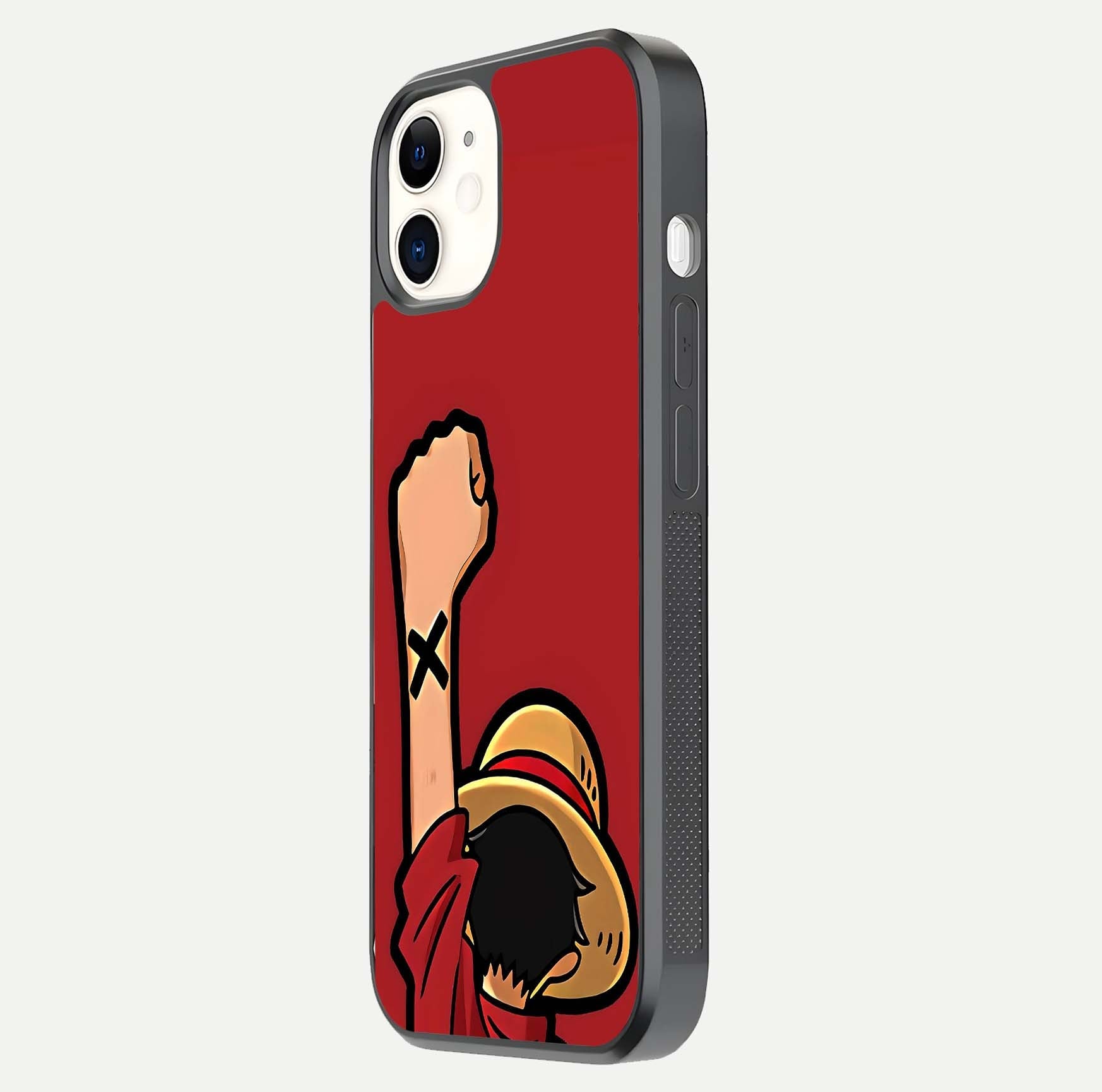 Luffy X Spirit Glass Case for iPhone 12 Mini side-angle image highlighting reflection strength and anime print