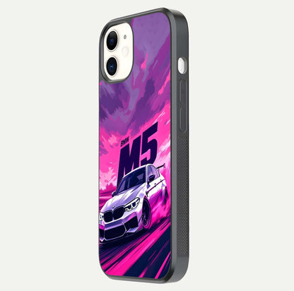 MS Neon Car Glass Case for iPhone 12 Mini side-angle image showing glow reflection and car detailing