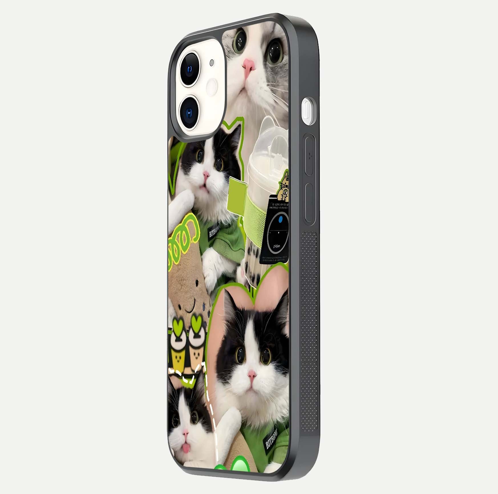 Matcha Cats Mood Glass Case for iPhone 12 Mini side-angle image showing shine clarity and cat pattern charm