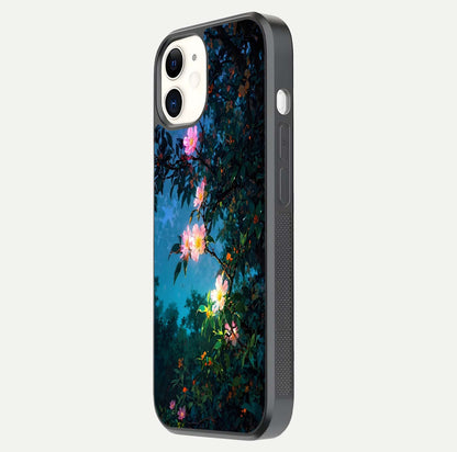 Midnight Bloom Glow Glass Case for iPhone 12 Mini side-angle image revealing reflection and deep midnight hues