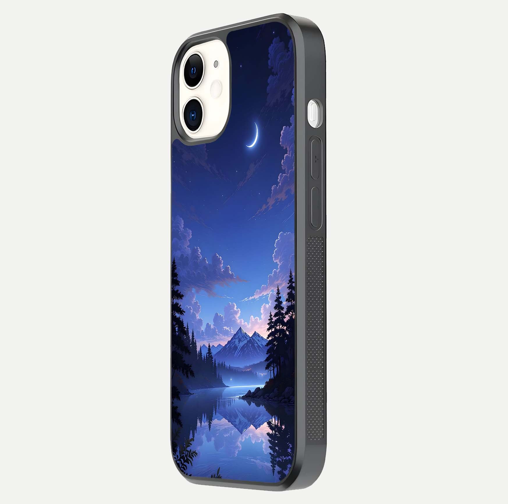 Midnight Lake Peace Glass Case for iPhone 12 Mini side-angle image showing HD shine and tranquil color tones