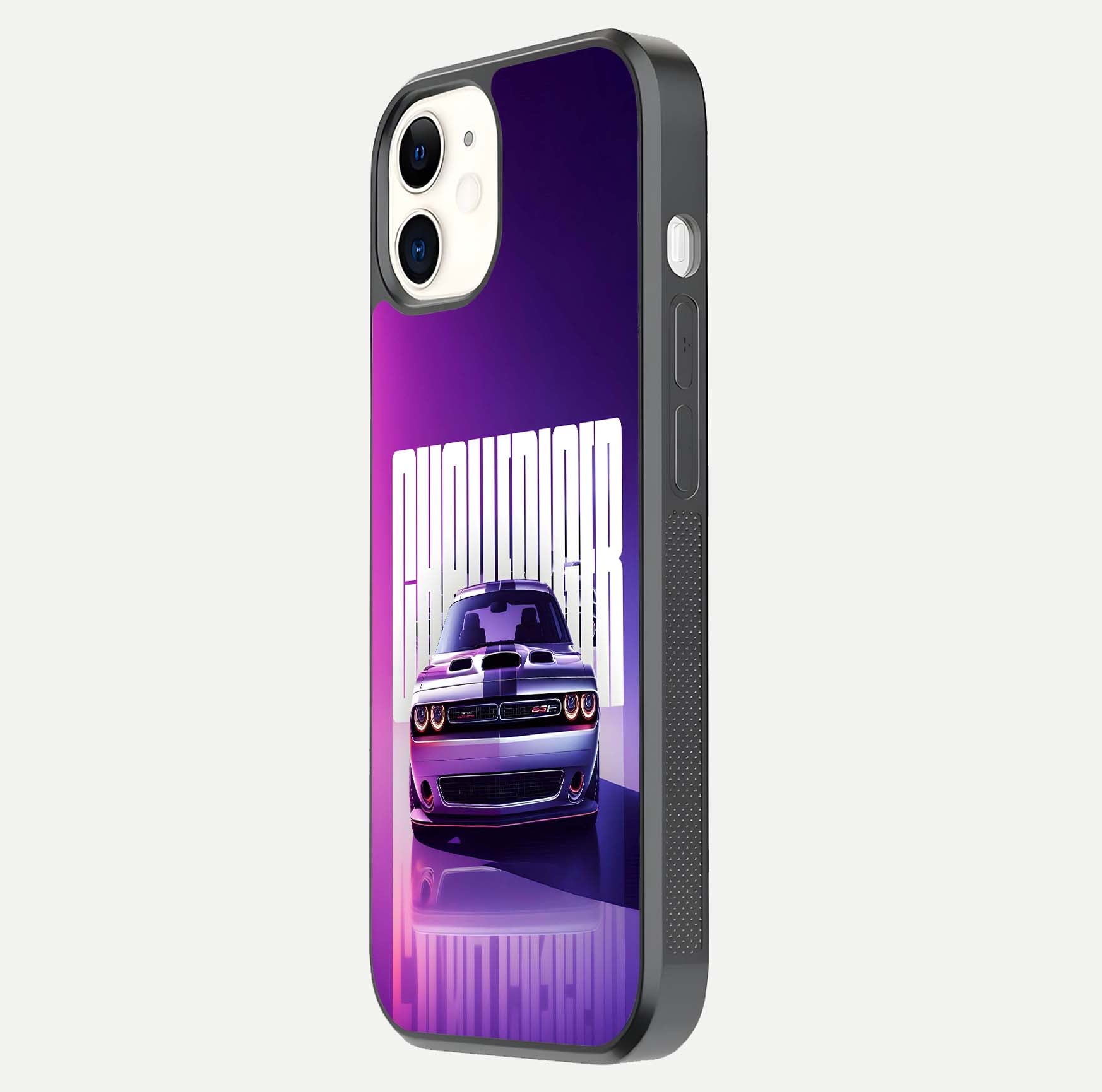 Midnight Muscle Ride Glass Case for iPhone 12 Mini side-angle image showing reflection clarity and bold design