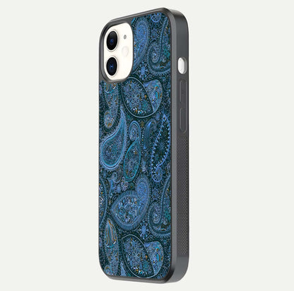 Midnight Paisley Glow Glass Case for iPhone 12 Mini side-angle image revealing reflective gloss and paisley art