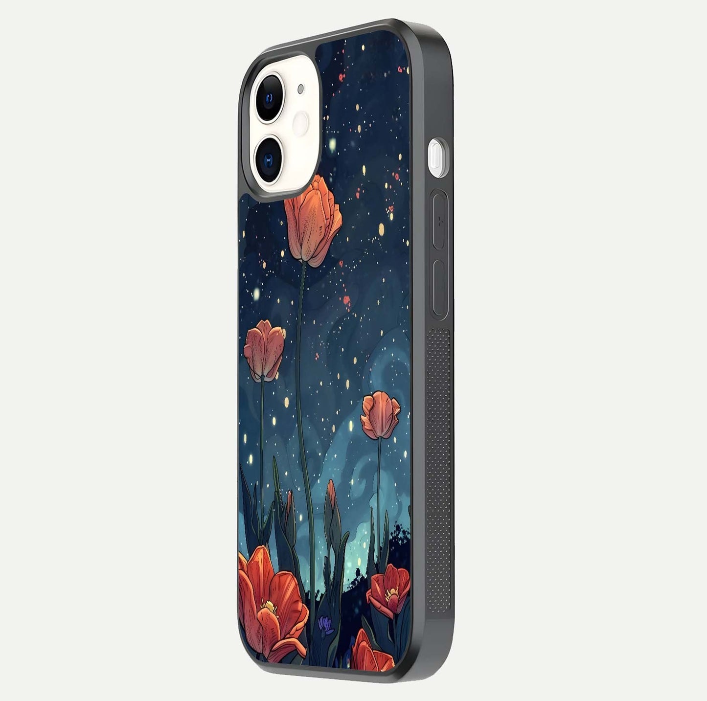 Midnight Tulip Glow Glass Case for iPhone 12 Mini side-angle image showing shine depth and flower artwork