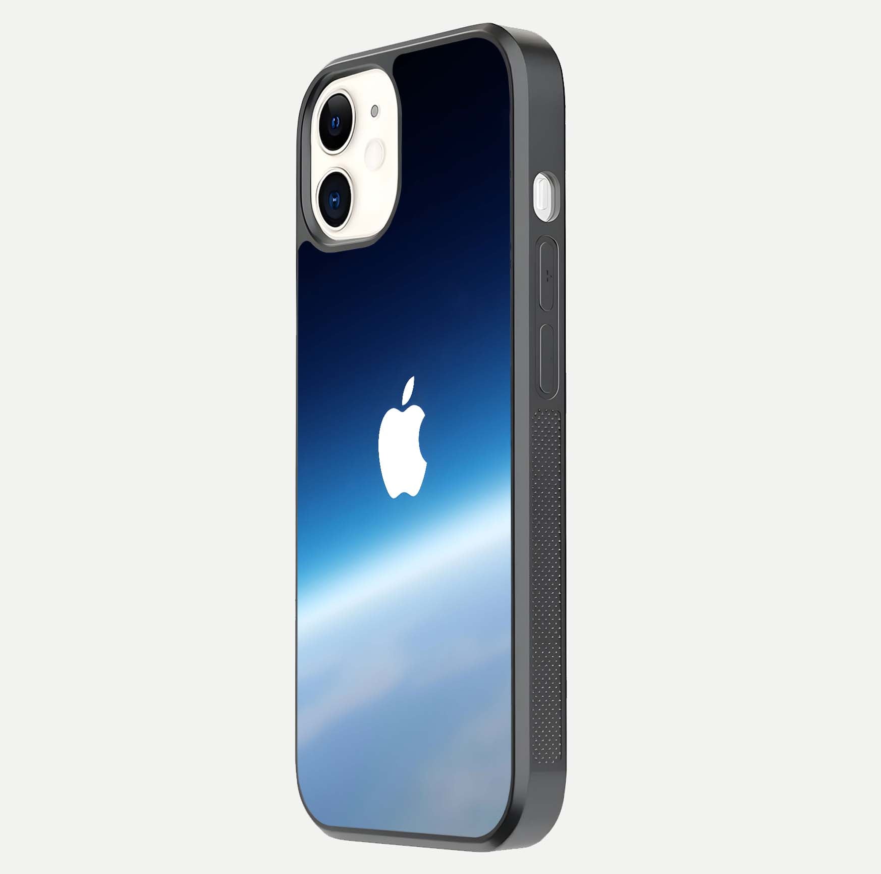 Minimal Apple Sky Glass Case for iPhone 12 Mini side-angle image showing smooth reflection and gentle sky tone