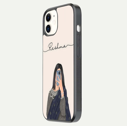 Mirror Mood Muse Custom Name Glass Case for iPhone 12 Mini side-angle image emphasizing glossy mirror texture