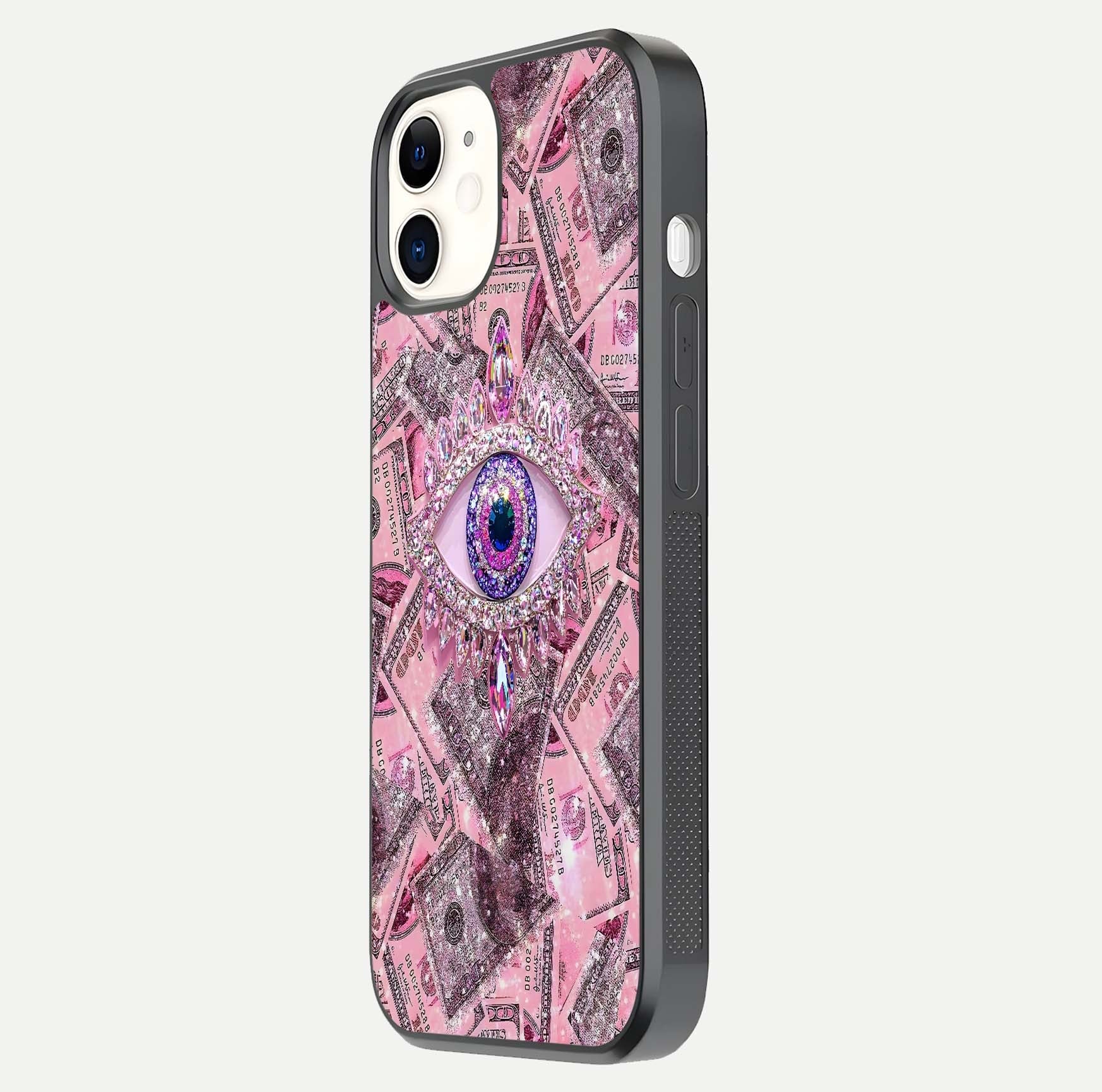 Money Eye Luxe Glass Case for iPhone 12 Mini side-angle image showing HD reflection and luxury print clarity