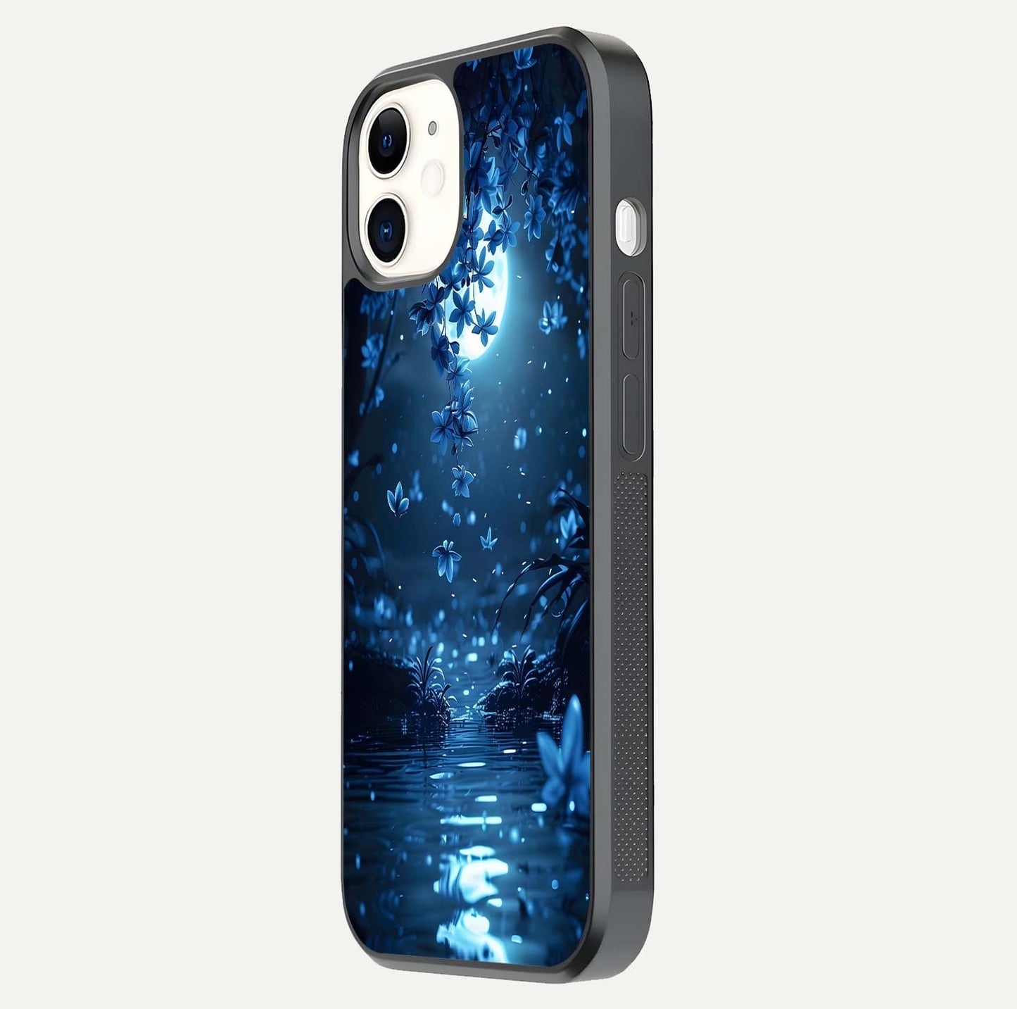 Moonlight Petal Dream Glass Case for iPhone 12 Mini side-angle image showing reflection and petal detail