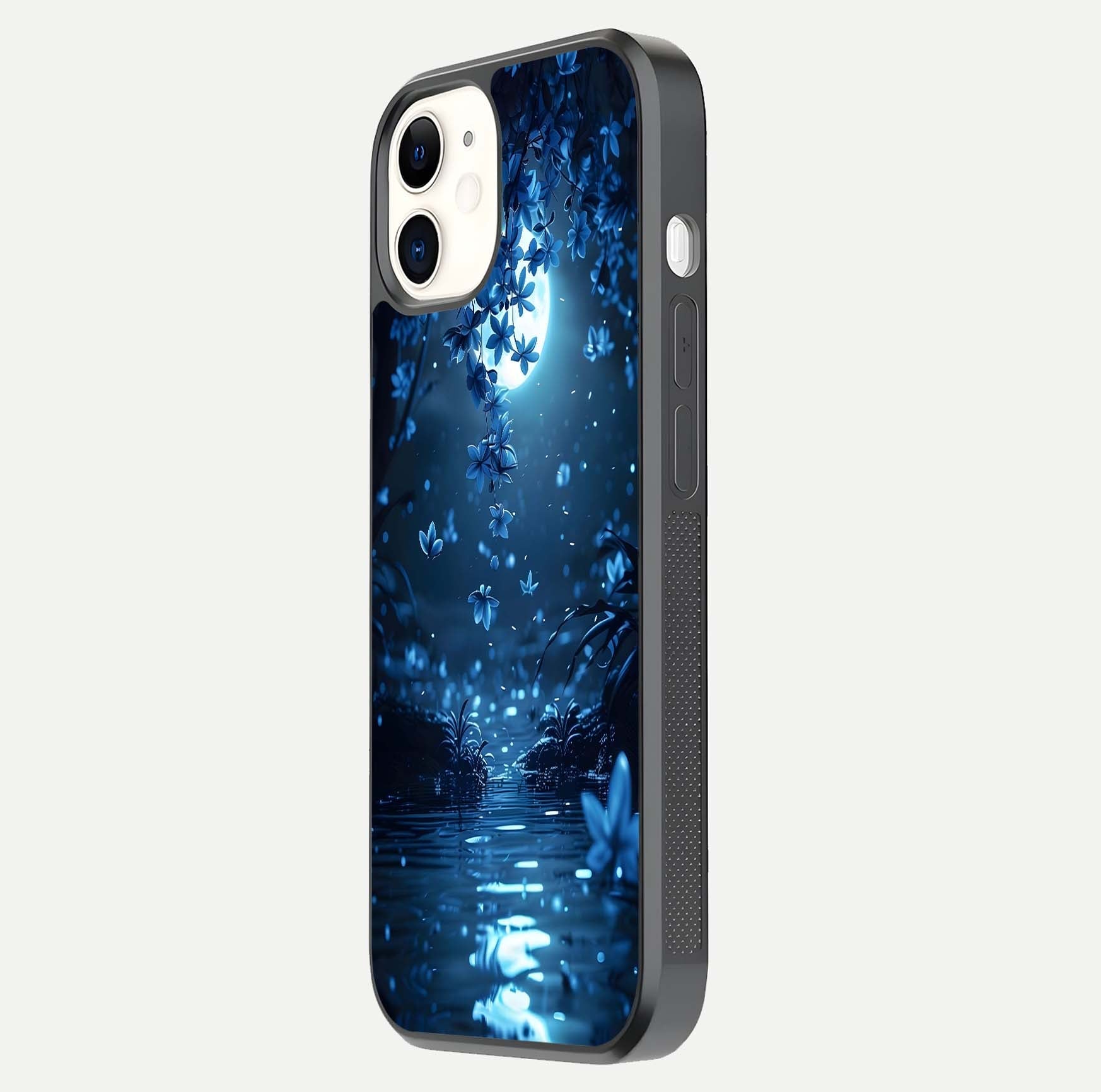 Moonlight Petal Dream Glass Case for iPhone 12 Mini side-angle image showing reflection and petal detail