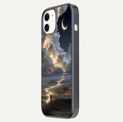 Moonlight Spark Path Glass Case for iPhone 12 Mini side-angle image showing reflection and moonlit detail