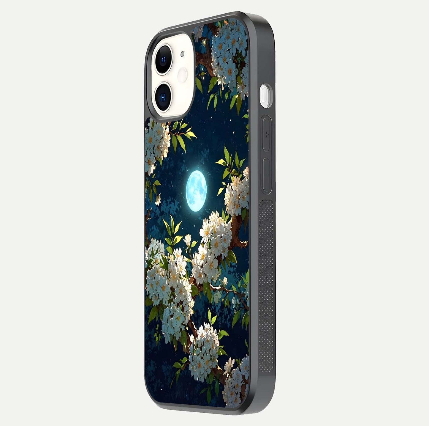 Moonlit Blossom Dream Glass Case for iPhone 12 Mini side-angle image showing shine depth and flower glow