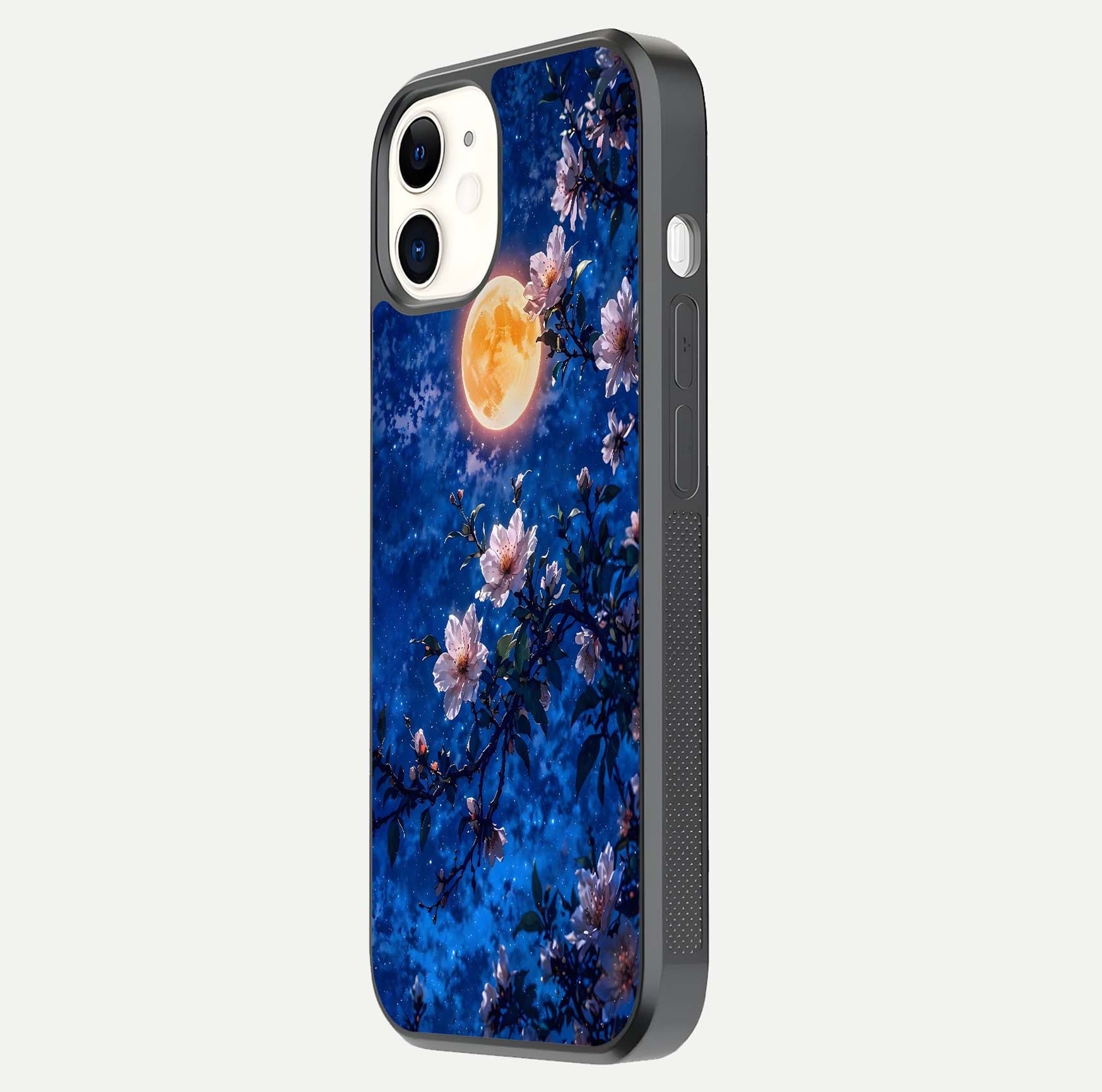 Moonlit Blossoms Night Glass Case for iPhone 12 Mini side-angle image revealing shine and night bloom texture
