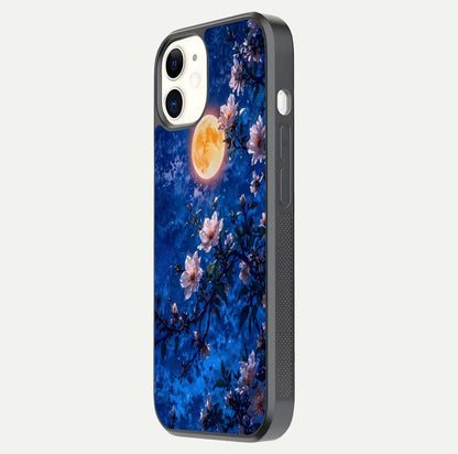 Moonlit Blossoms Night Glass Case for iPhone 12 Mini side-angle image revealing shine and night bloom texture