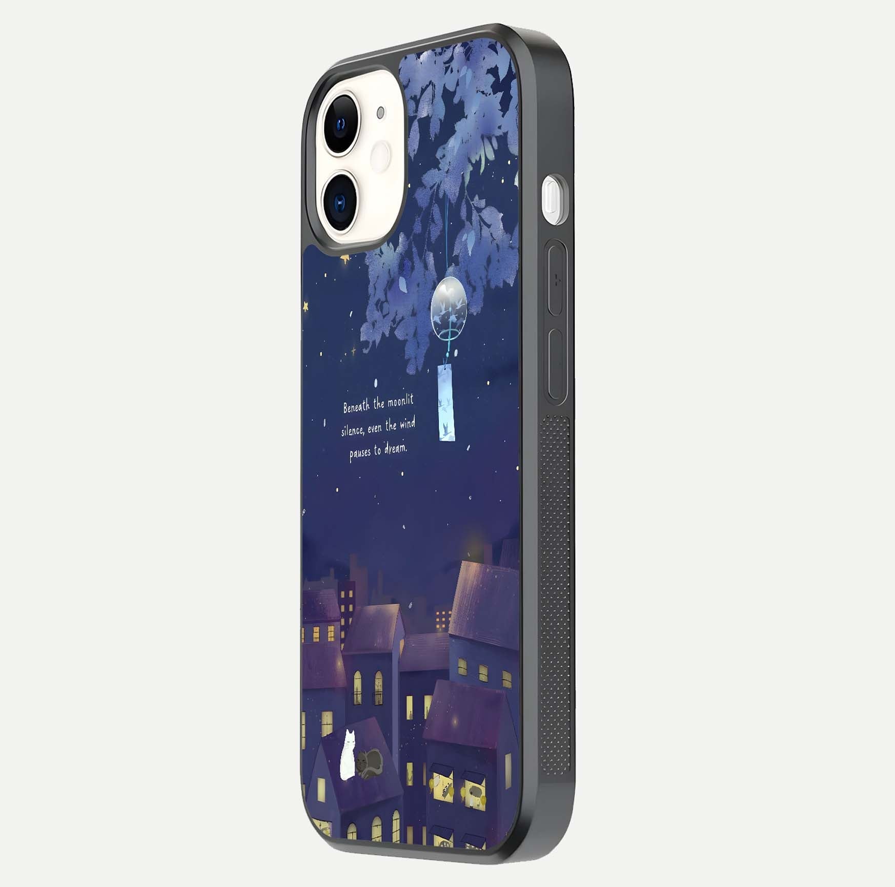 Moonlit Cat Silence Glass Case for iPhone 12 Mini side-angle image showing HD gloss and feline artwork detail