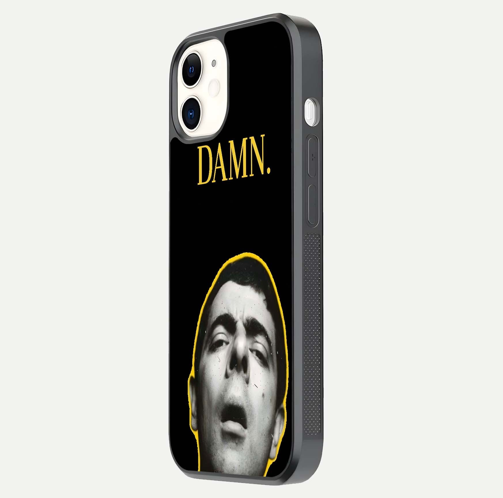 Mr Bean Damn Glass Case for iPhone 12 Mini side-angle image emphasizing HD print clarity and playful theme