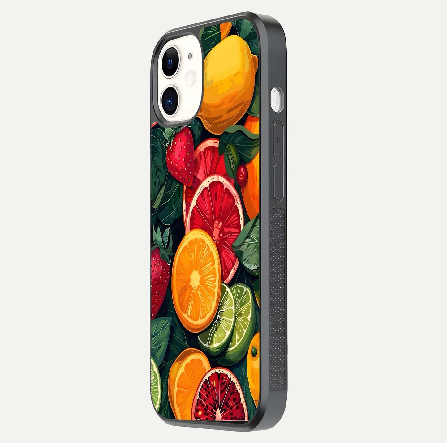 Multiple Fruits Glass Case for iPhone 12 Mini side-angle image showing glossy surface and vivid fruit pattern