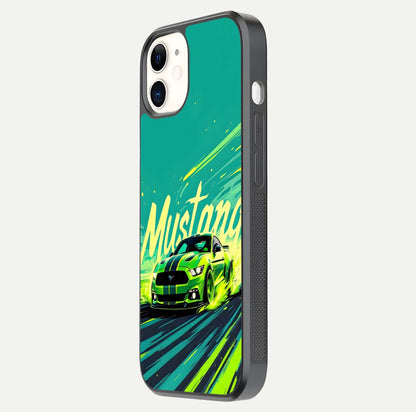 Mustang Bang Glass Case for iPhone 12 Mini side-angle image showing reflection clarity and bold car artwork