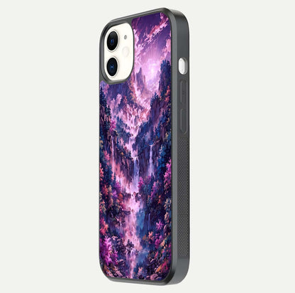 Mystic Cascade Peaks Glass Case for iPhone 12 Mini side-angle image showing reflection and scenic art clarity