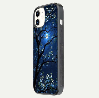 Mystic Floral Night Glass Case for iPhone 12 Mini side-angle image showing gloss surface and midnight floral tones