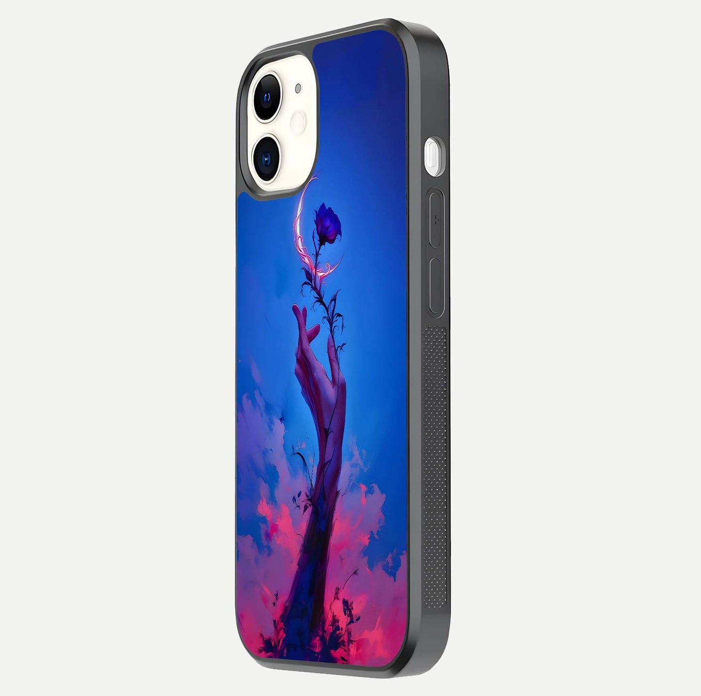 Mystic Hand Glass Case for iPhone 12 Mini side-angle image showing reflection depth and sacred aesthetic