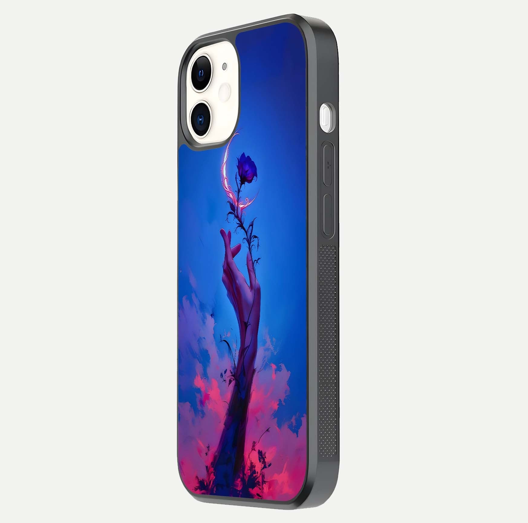 Mystic Hand Glass Case for iPhone 12 Mini side-angle image showing reflection depth and sacred aesthetic