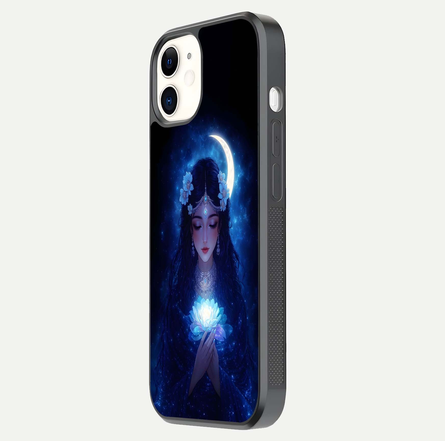 Mystic Moon Queen Glass Case for iPhone 12 Mini side-angle image showing reflection and celestial details