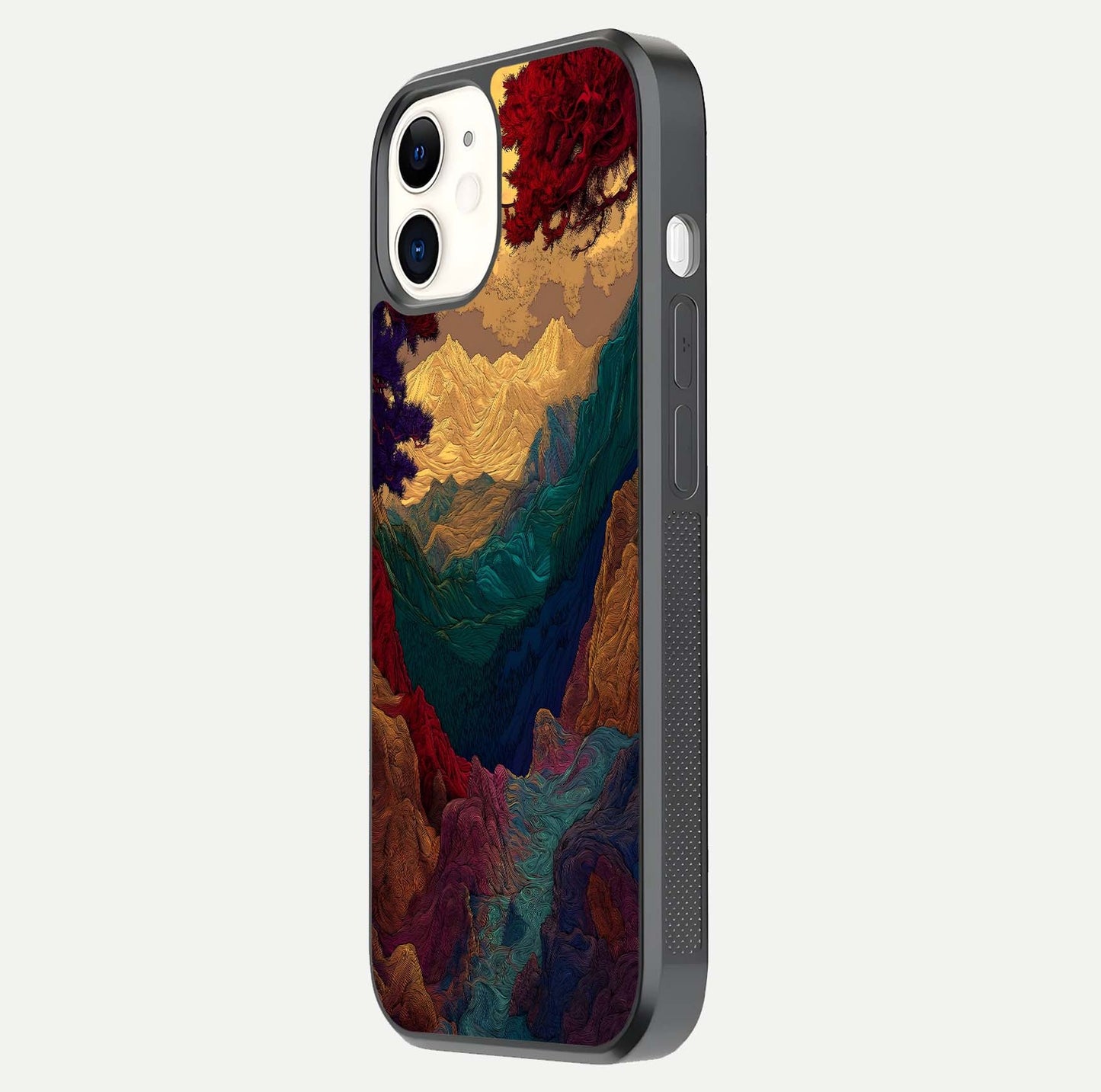 Mystic Valley Light Glass Case for iPhone 12 Mini side-angle image showing shine and peaceful hues