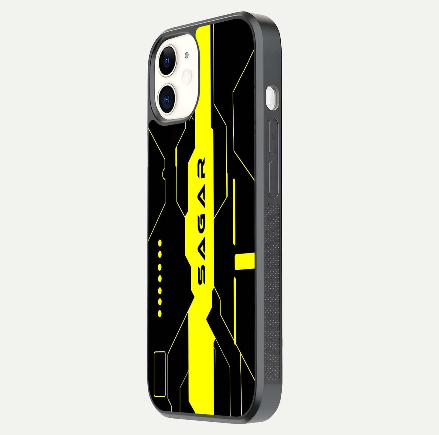 Neon CYBERPUNK Custom Name Glass Case for iPhone 12 Mini side-angle image showing glow depth and bold print