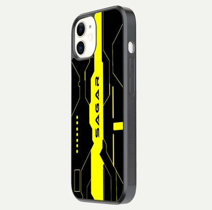 Neon CYBERPUNK Custom Name Glass Case for iPhone 12 Mini side-angle image showing glow depth and bold print