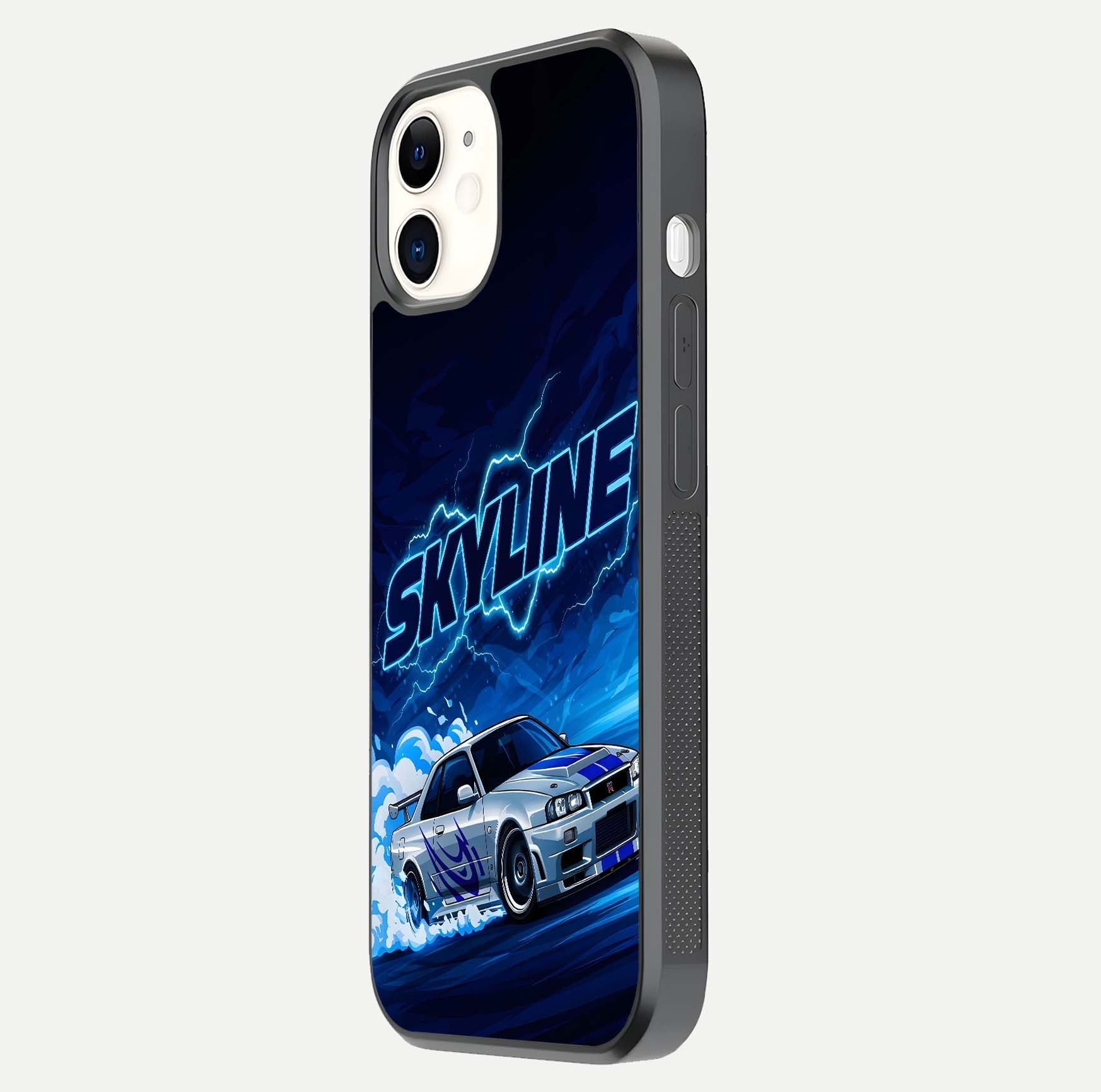 Neon Drift Beast Glass Case for iPhone 12 Mini side-angle image showing reflection depth and bold neon tones