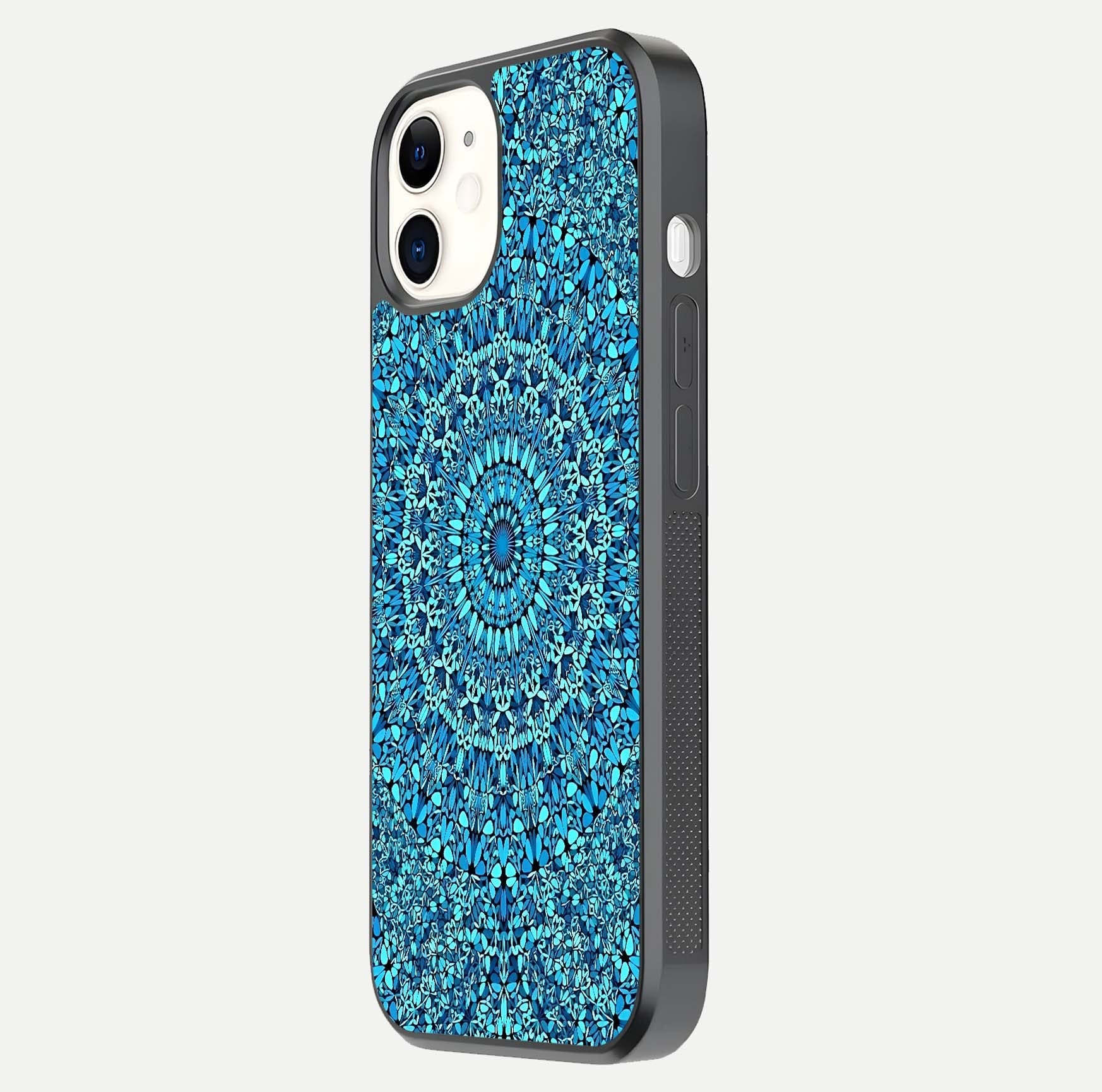 Ocean Bloom Mandala Glass Case for iPhone 12 Mini side-angle image showing reflection and detailed floral pattern