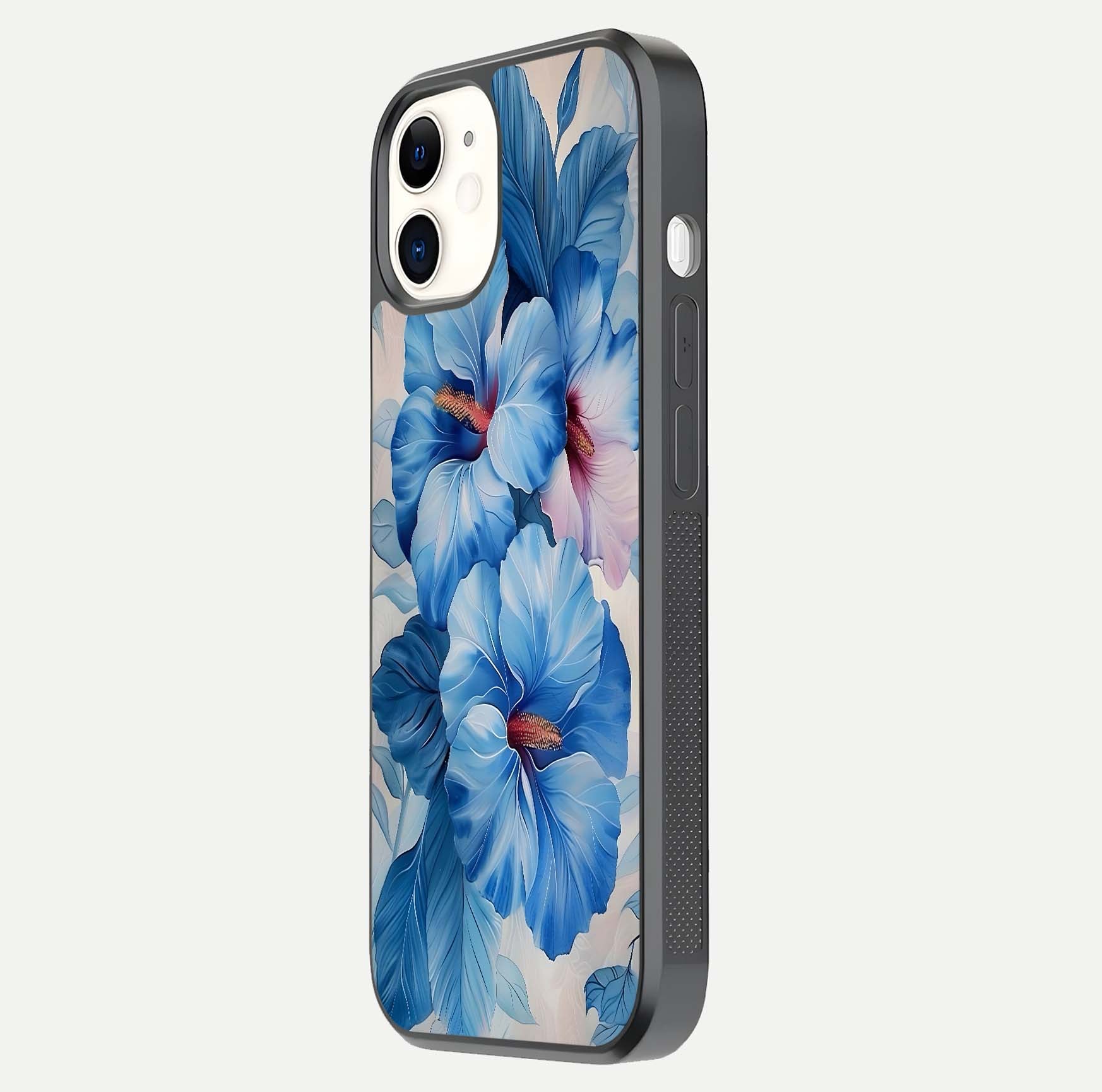 Ocean Hibiscus Grace Glass Case for iPhone 12 Mini side-angle image showing smooth texture and hibiscus details