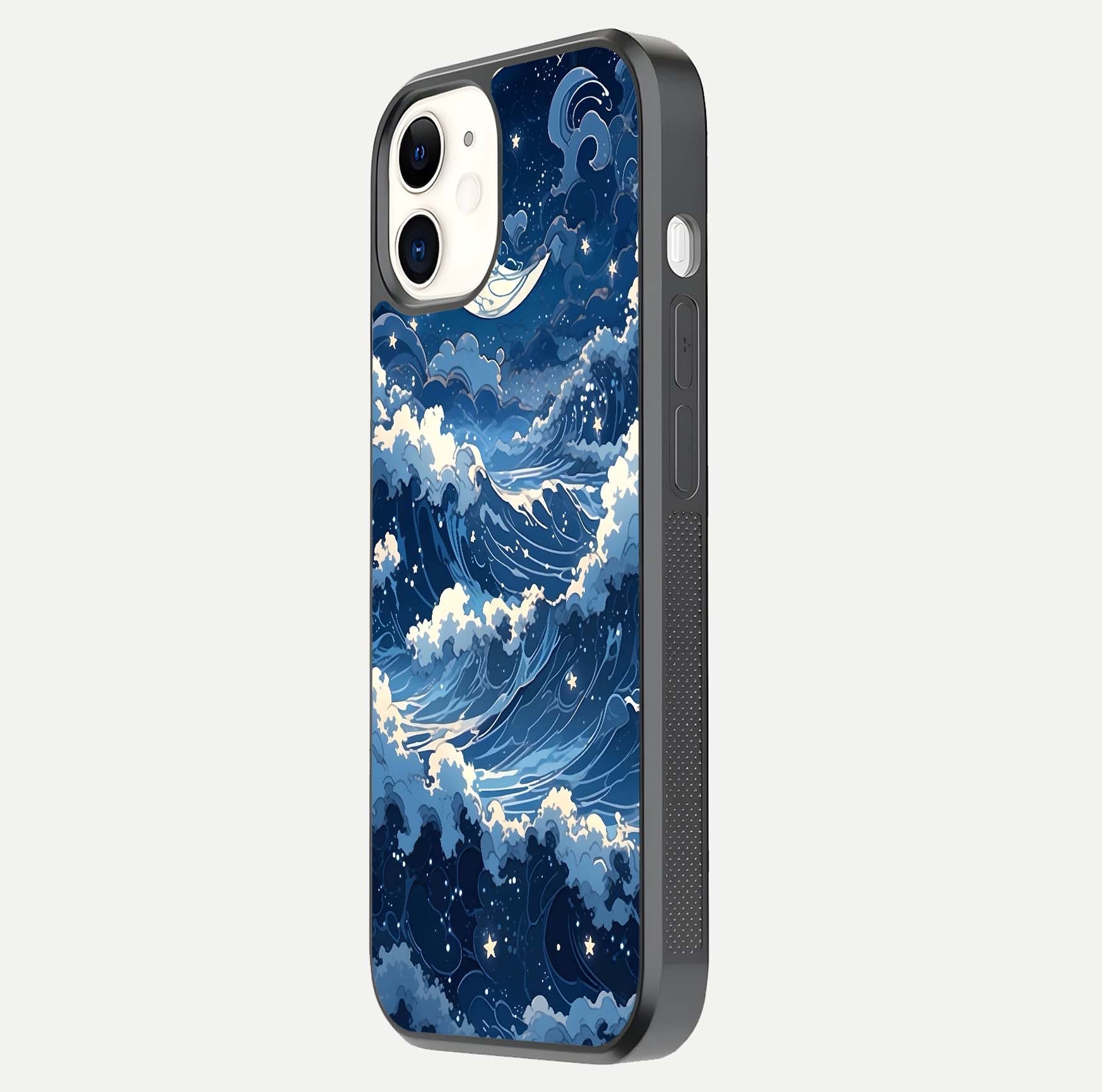 Ocean Moon Waves Glass Case for iPhone 12 Mini side-angle image showing shine and ocean gradient tones