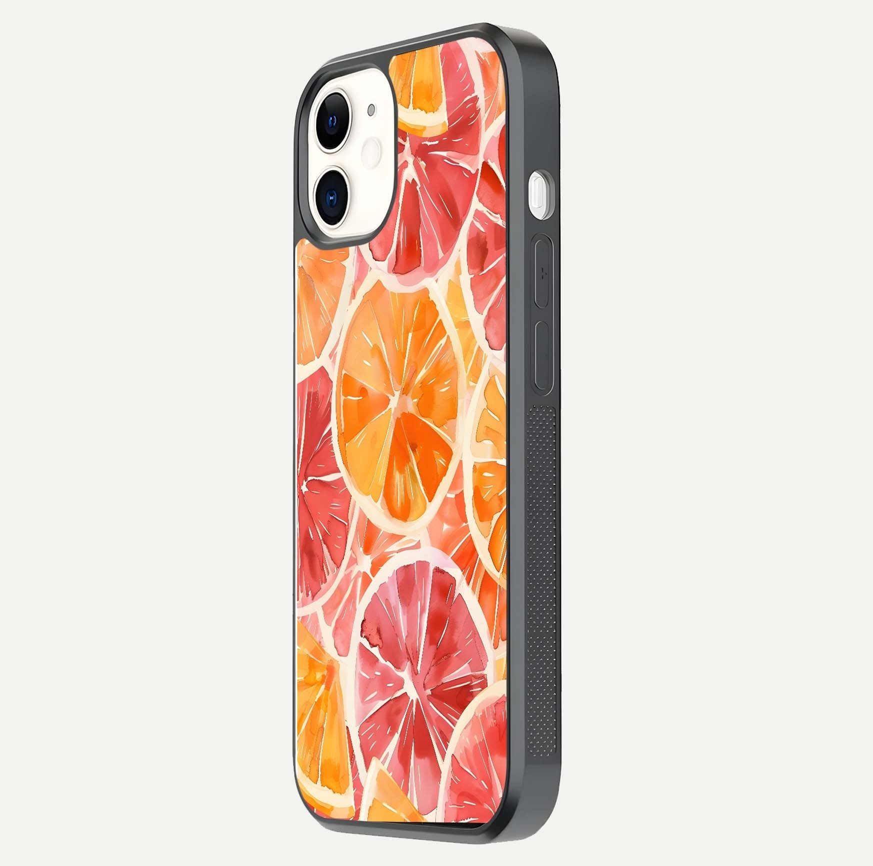 Orange Fruits Pattern Glass Case for iPhone 12 Mini side-angle image showing glossy shine and citrus pattern