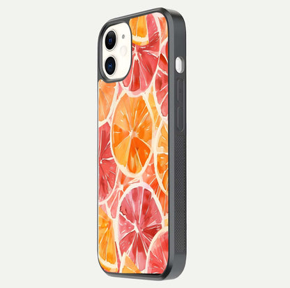 Orange Fruits Pattern Glass Case for iPhone 12 Mini side-angle image showing glossy shine and citrus pattern