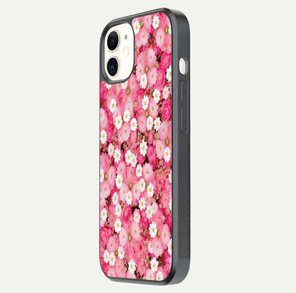Pink Daisy Bliss Glass Case for iPhone 12 Mini side-angle image showing delicate daisy pattern and glass reflection