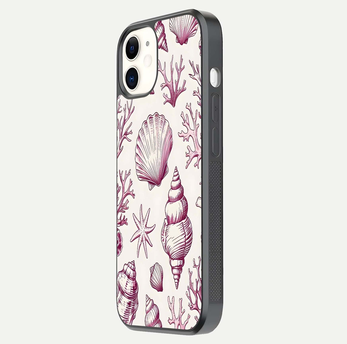 Pink Shells Outline Glass Case for iPhone 12 Mini side-angle image showing shine and intricate outline texture
