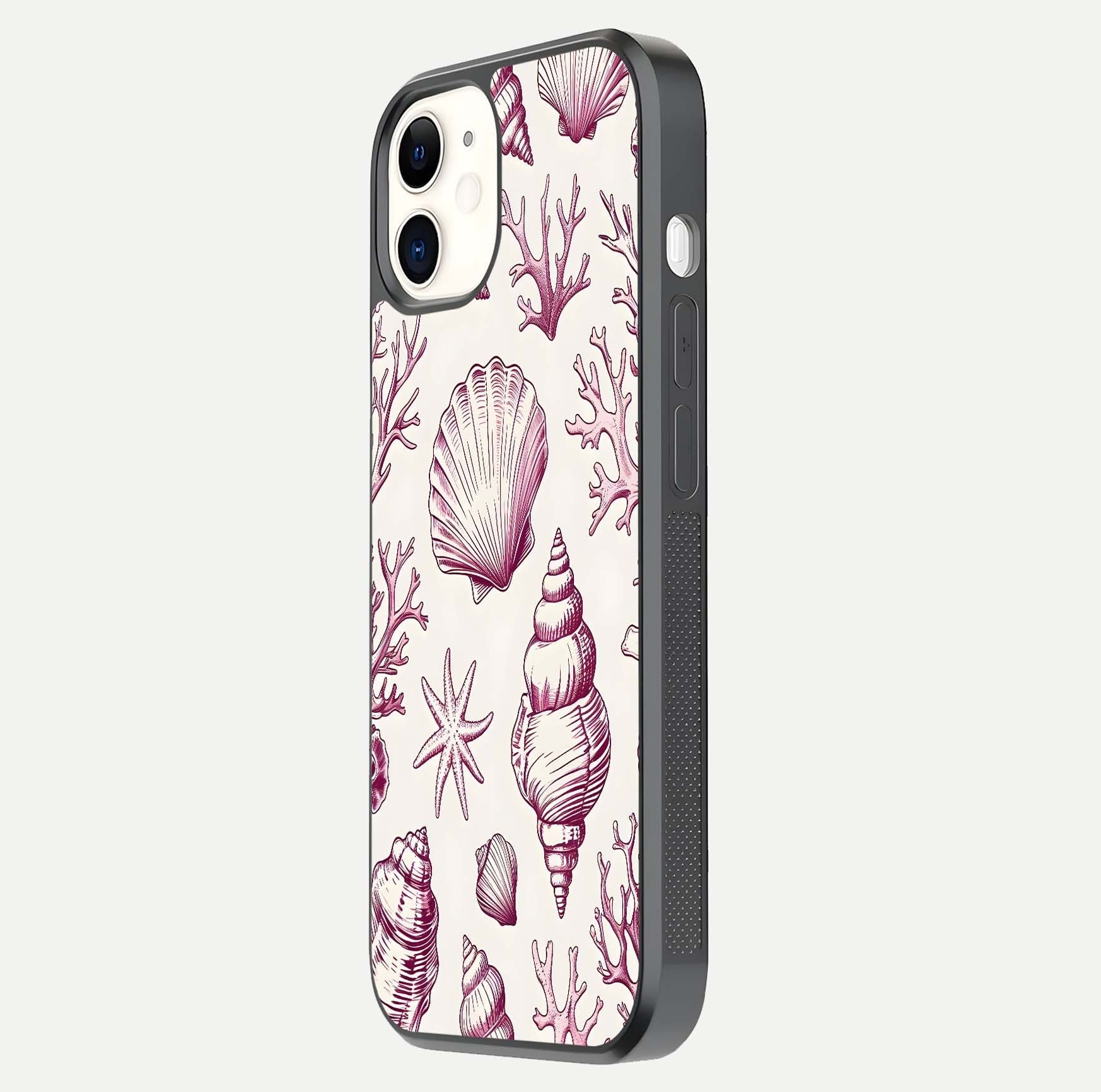 Pink Shells Outline Glass Case for iPhone 12 Mini side-angle image showing shine and intricate outline texture