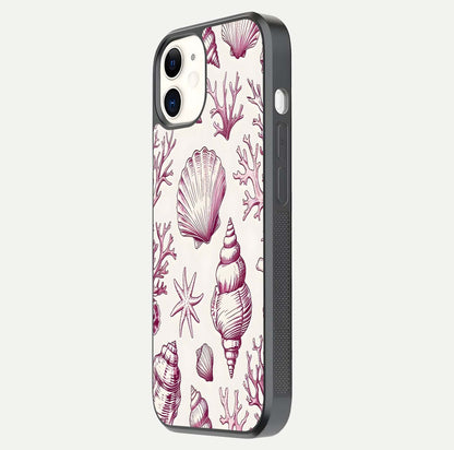 Pink Shells Outline Glass Case for iPhone 12 Mini side-angle image showing shine and intricate outline texture
