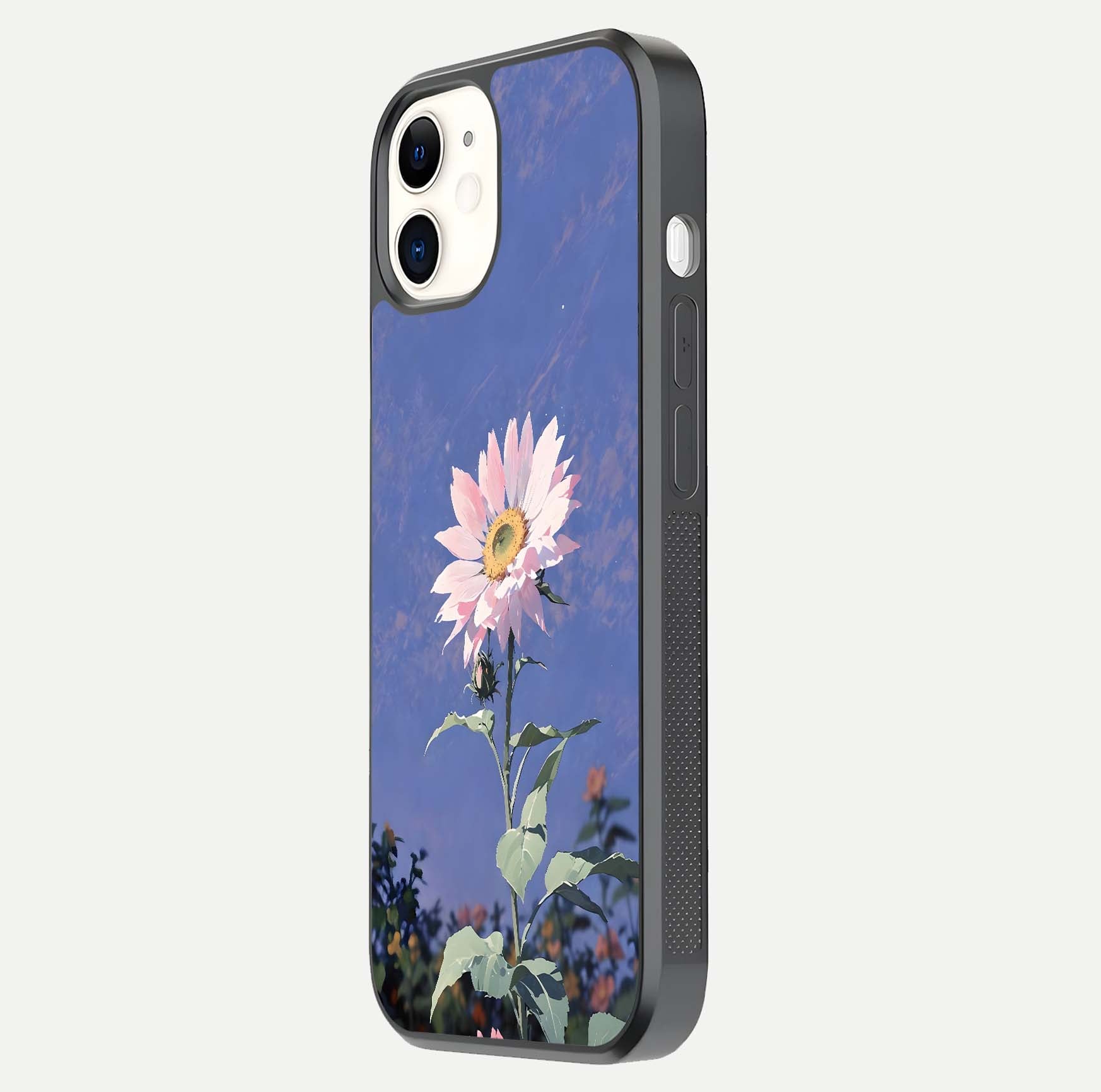 Pink Sunflower Glow Glass Case for iPhone 12 Mini side-angle image showing glossy edges and vivid sunflower tones