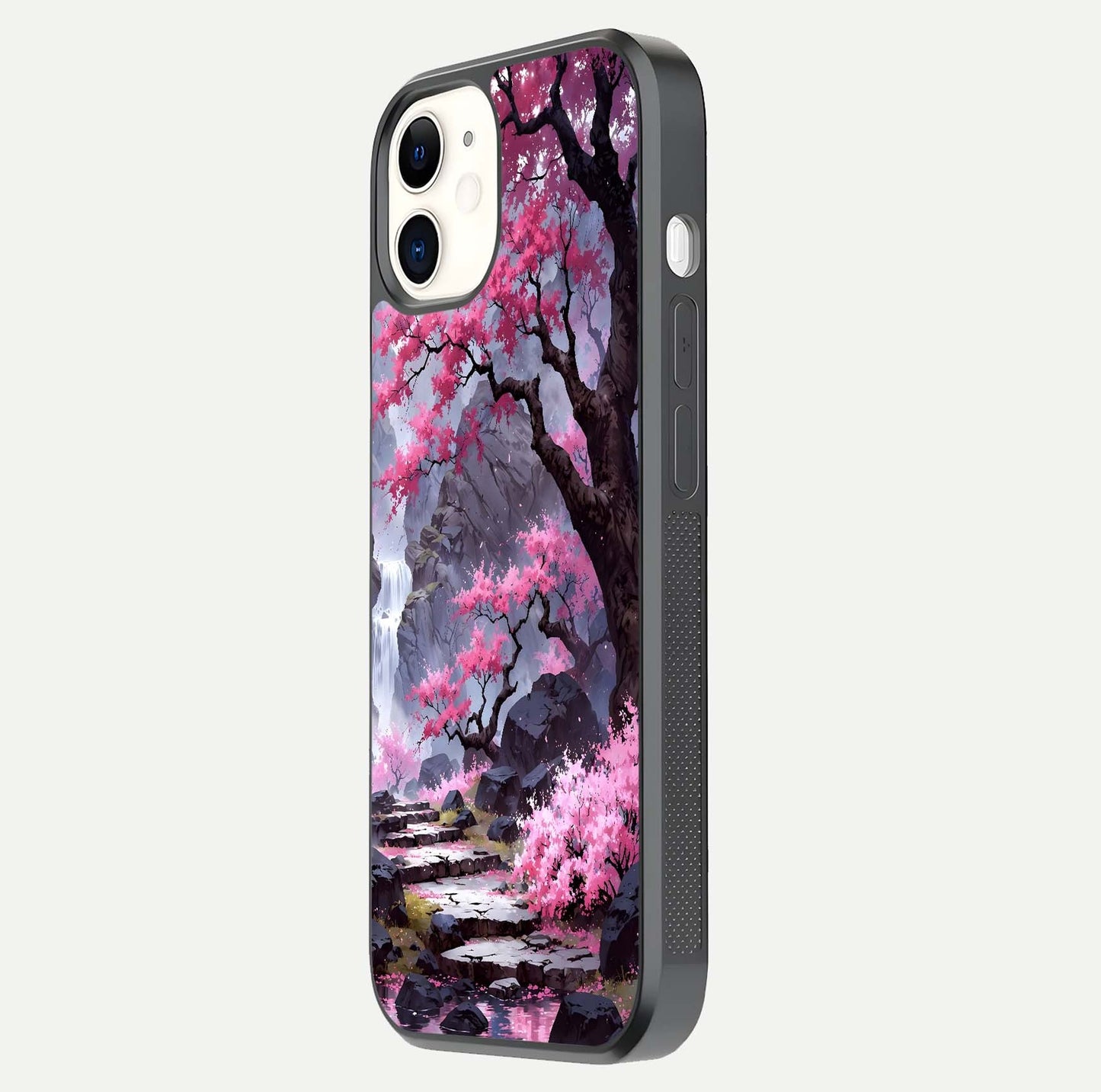 Pinkish Scenery Glass Case for iPhone 12 Mini side-angle image showing depth, gloss, and scenic details