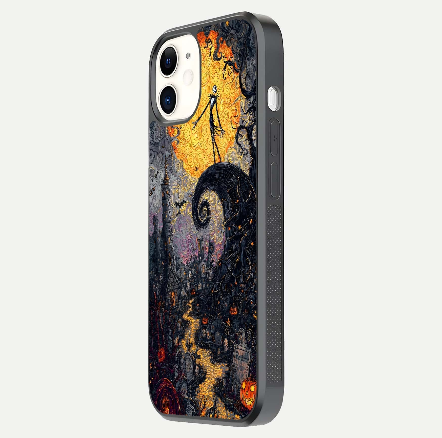 Pumpkin Moon Night Glass Case for iPhone 12 Mini side-angle image showing reflection depth and pumpkin pattern