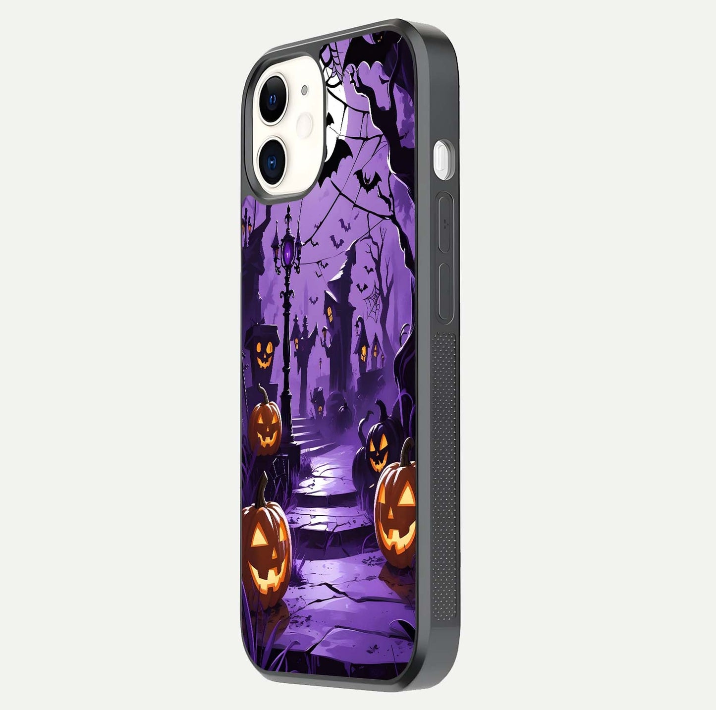 Pumpkin Patch Halloween Glass Case for iPhone 12 Mini side-angle image showing shine, camera cutout, and spooky art