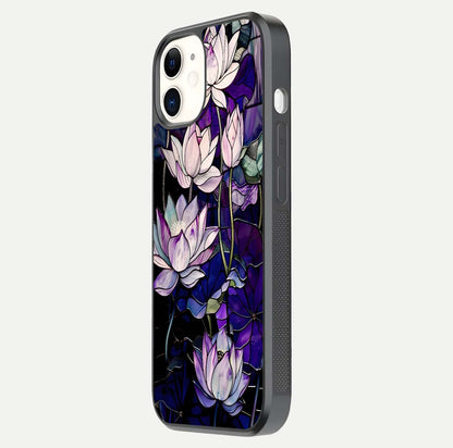 Purple Lotus Pattern Glass Case for iPhone 12 Mini side-angle image showing reflection depth and lotus detail