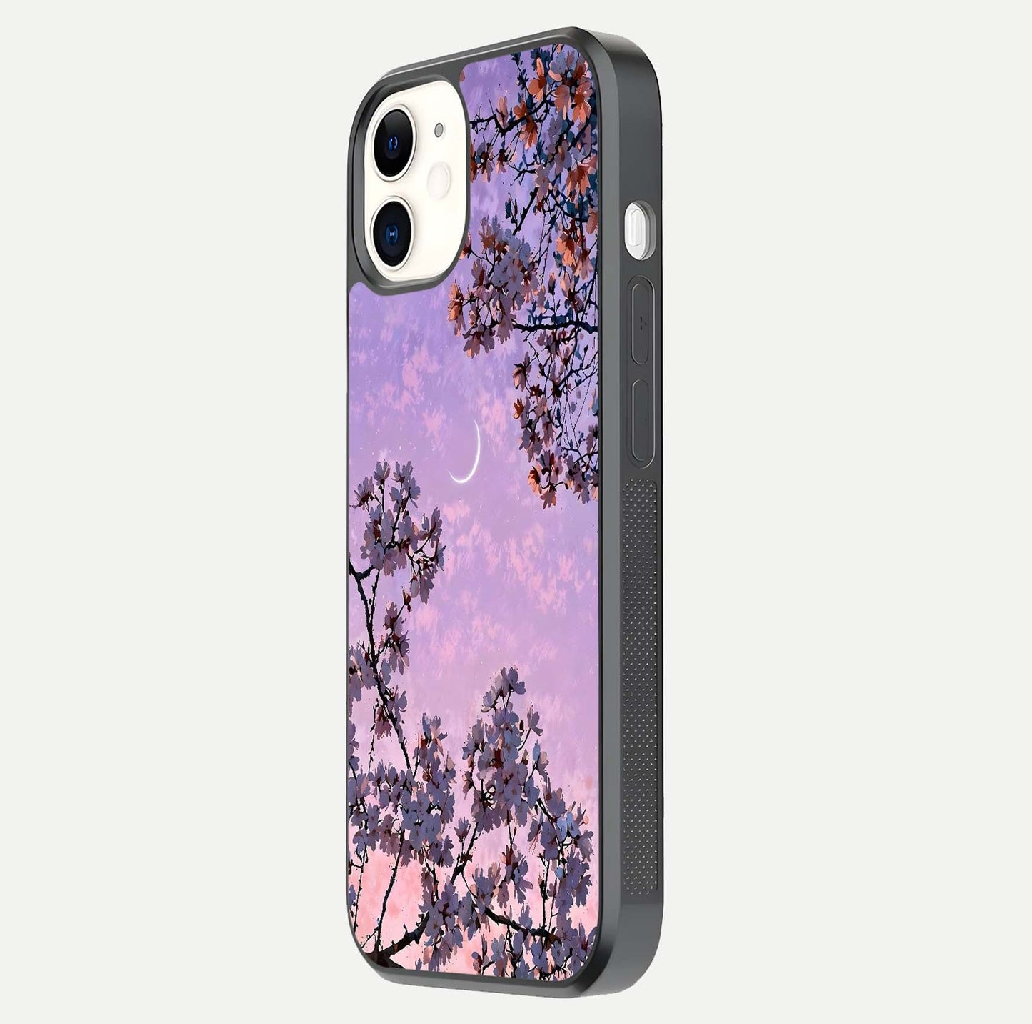 Purple Serenity Moon Glass Case for iPhone 12 Mini side-angle image showing reflection and lunar art precision