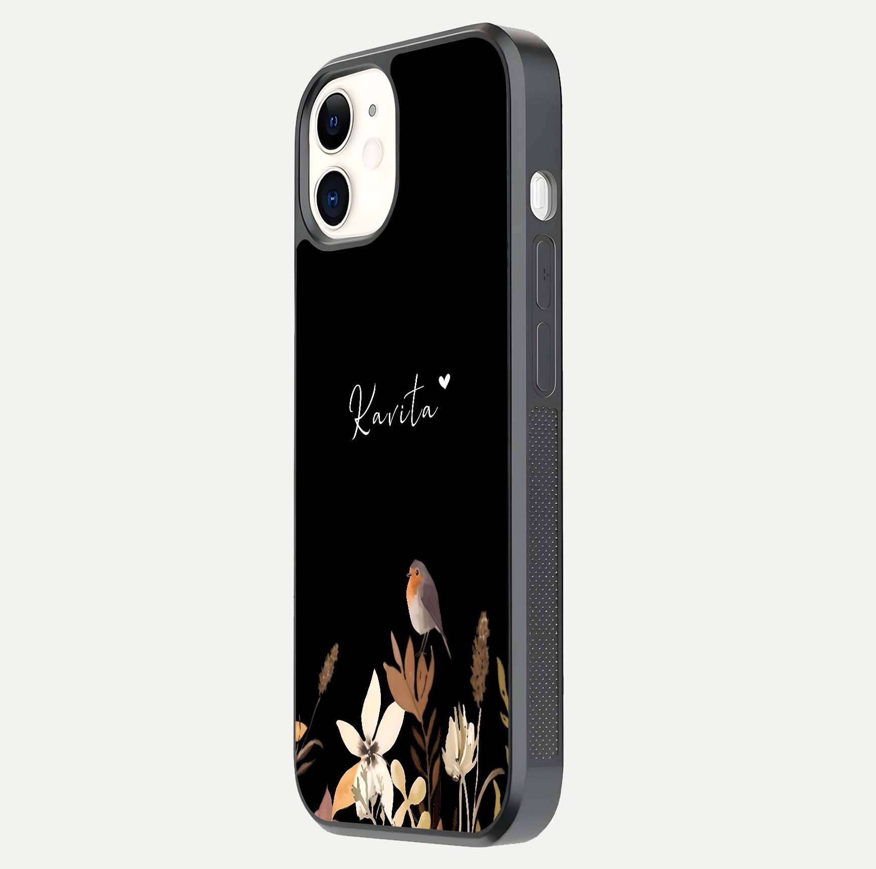 Quiet Garden Tune Custom Name Glass Case for iPhone 12 Mini side-angle image showing reflection and floral design